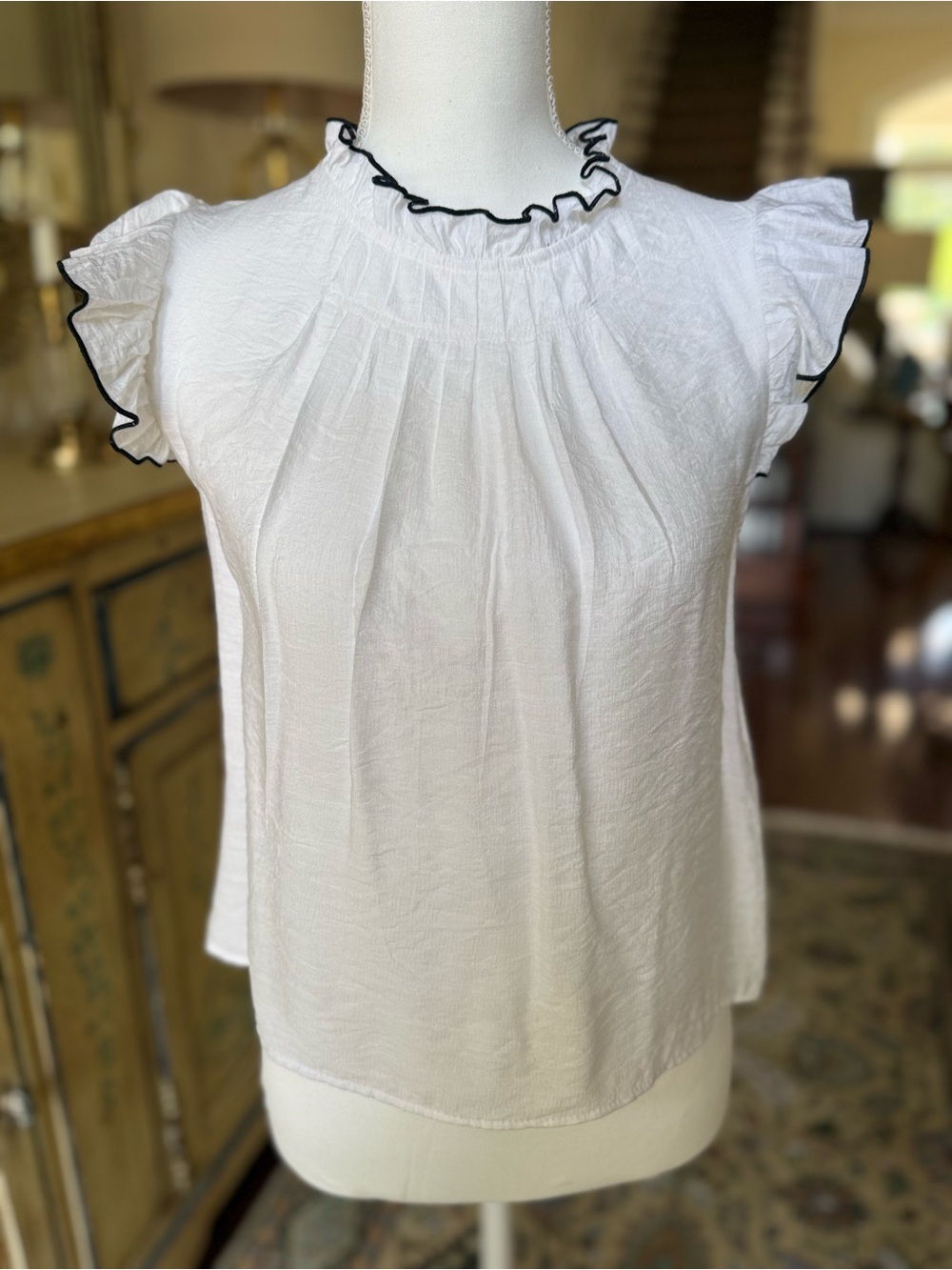 English Factory White Ruffle Sleeve Camisole with Black Trim